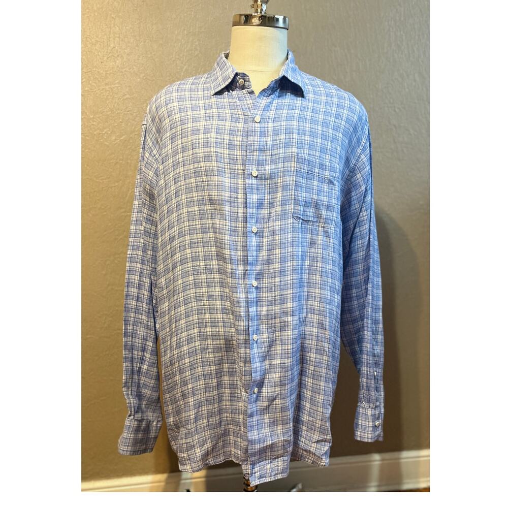 Peter Millar Crown Men's Chilwa Plaid Linen Sport Shirt Academia Blue XXL /Tall